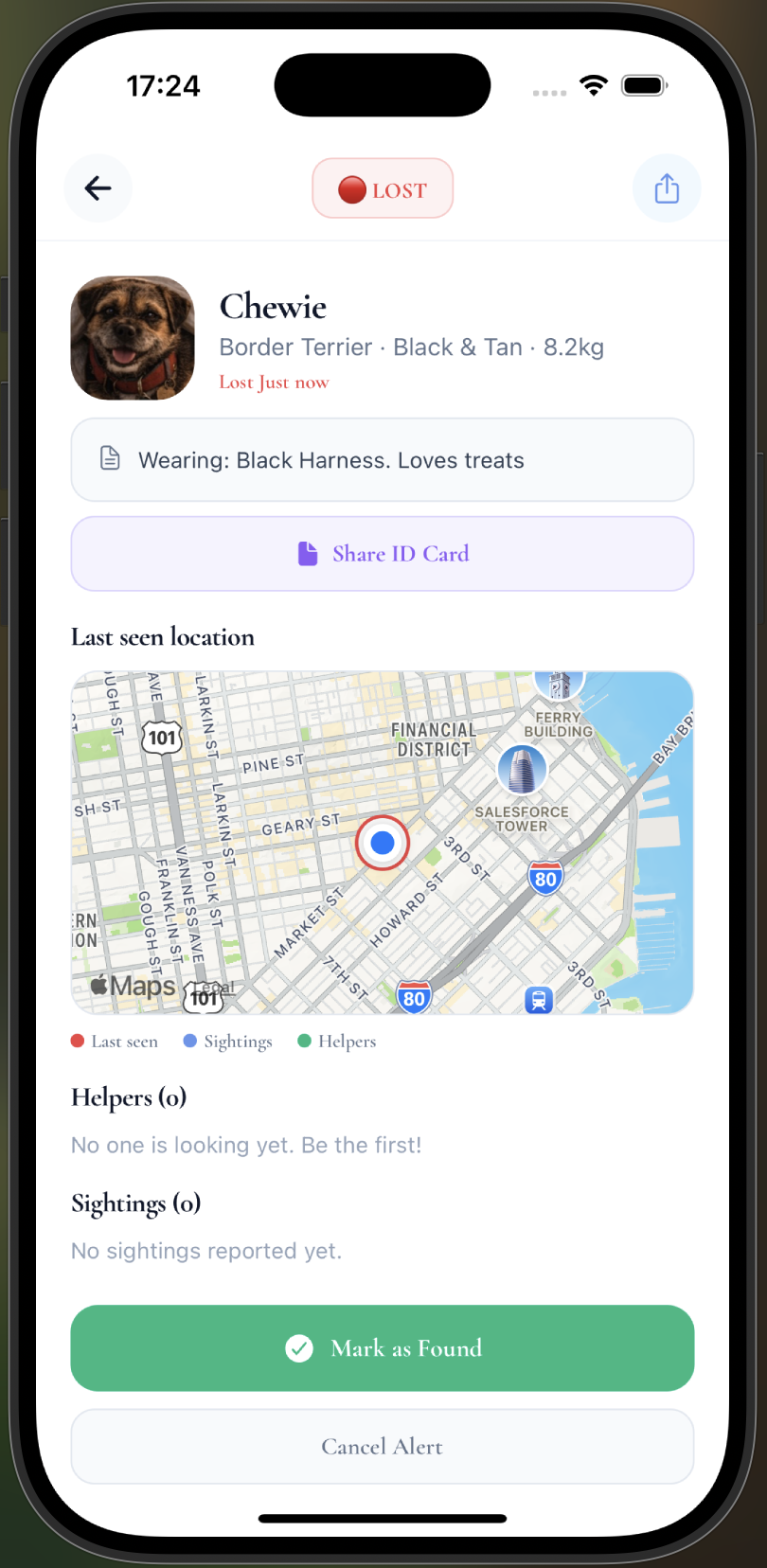 Chewie lost pet alert screen